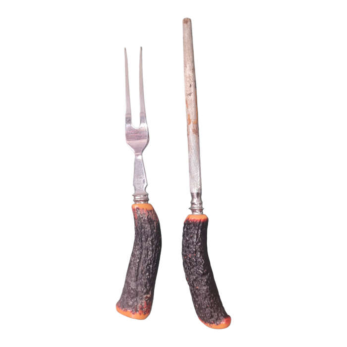 Vintage Sheffield Cutlery Craving Set Antler Bone Hunter Forage Cottage core