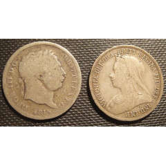 TWO Great Britain STERLING SILVER SHILLINGS : King George III (1816) & Queen Victoria (1894)