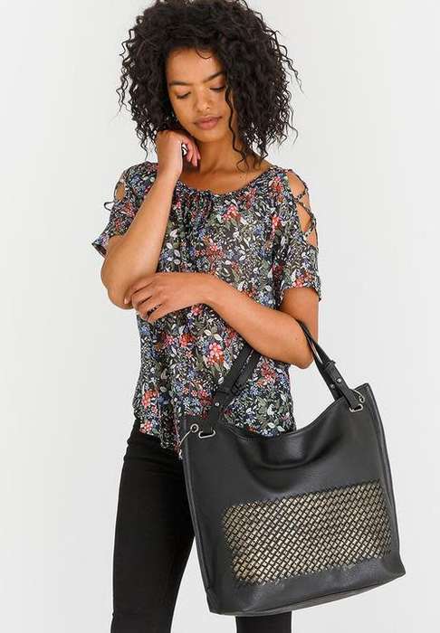 Stylish large travel tote hand bag leather look Black