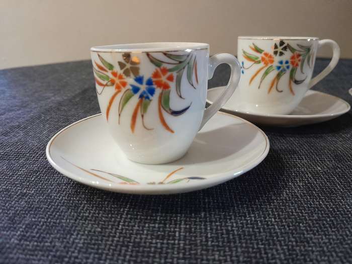 Vintage Japanese tea set 8pc Blue and Orange Flowers with Gold rim - Maruku China