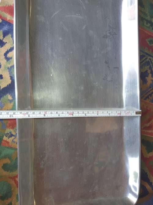 A VINTAGE CAST ALLUMINIUM ALLOY 28` HANDLE TO HANDLE SERVING RECTANGULAR PLATTER