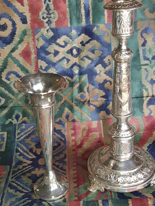 TWO VINTAGE EPNS OR SILVER PLATED VASE AND A ORNATE CANDLE STAND SOLD AS IS