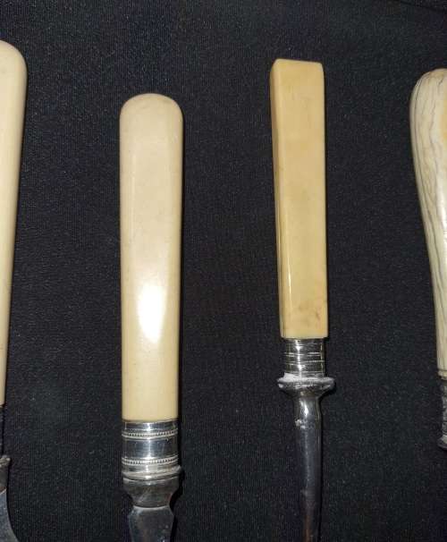 ANTIQUE BONE HANDLED CARVING KNIFE AND FORK SET WITH OTHER BONE HANDLED CUTLERY