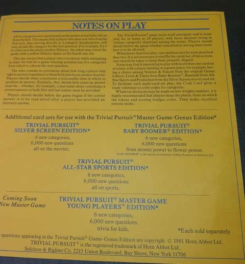 A VINTAGE TRIVIAL PURSUITE COMPLETE GAME 1981 SOLD AS IS