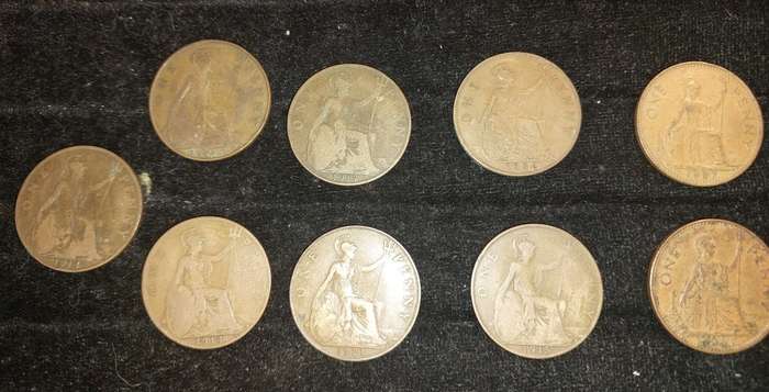 AN ANTIQUE COIN COLLECTION OF 9 ONE PENNY COINS UK