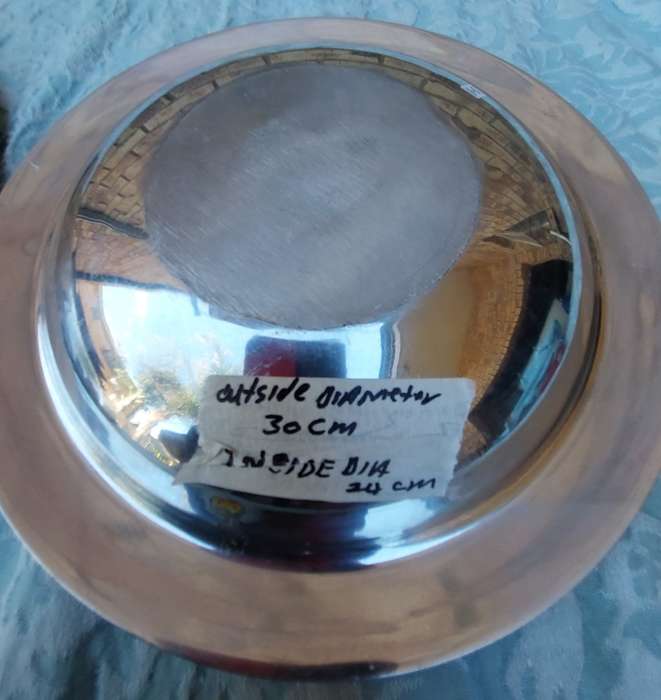 TWO ART DECOR ALUMINUM ALLOY HANDCRAFTED IN INDIA ROUND SERVING BOWLS WITH PATTERNED ENAMEL INNERS S