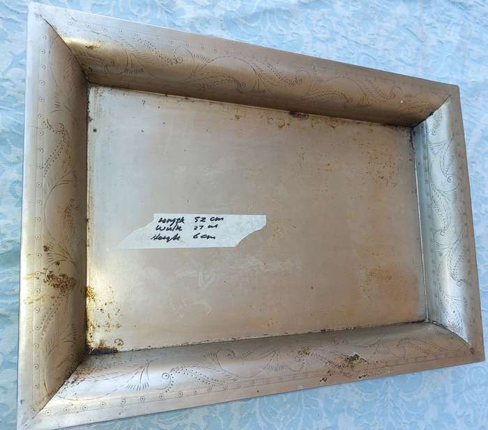 TWO IRON SHEET METAL EXTRA LARGE SERVING TRAYS SOLD AS IS
