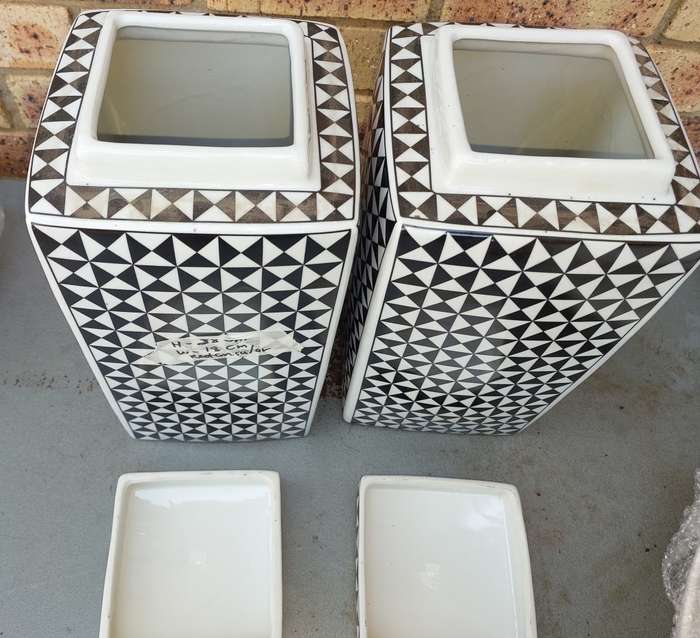 TWO BEAUTIFUL ART DECOR CHECKERED COLOURED PORCELAIN STORAGE JARS