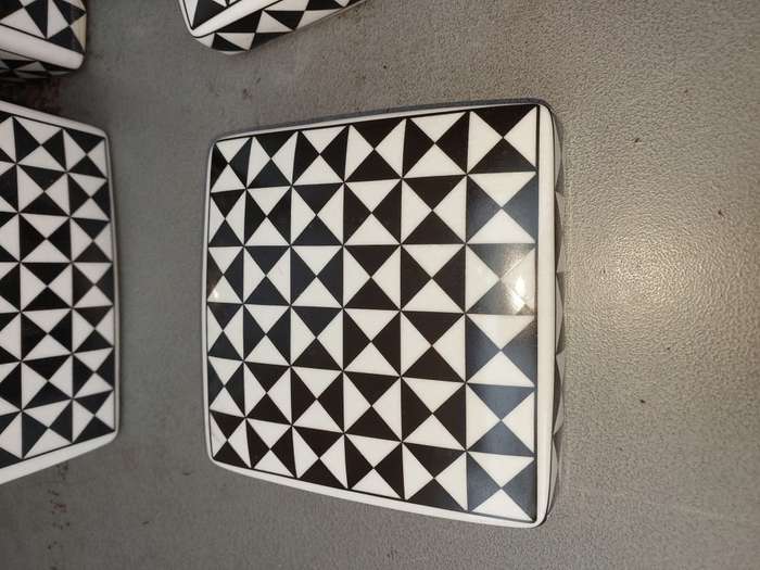 TWO BEAUTIFUL ART DECOR CHECKERED COLOURED PORCELAIN STORAGE JARS