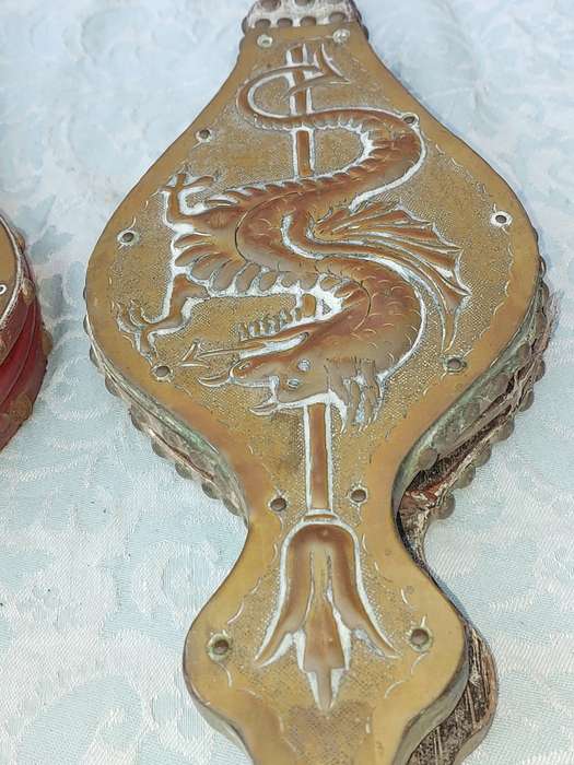 TWO ORNATELY DESIGNED WITH BRASS PLAQUES FIRE BLOWERS