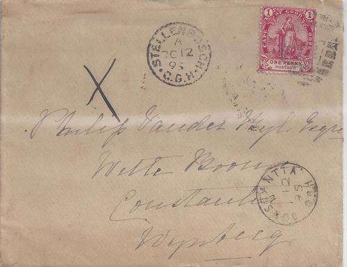 Cape of Good Hope 1895 1d tied to cover with BONC 13 on Stellenbosch proving cover