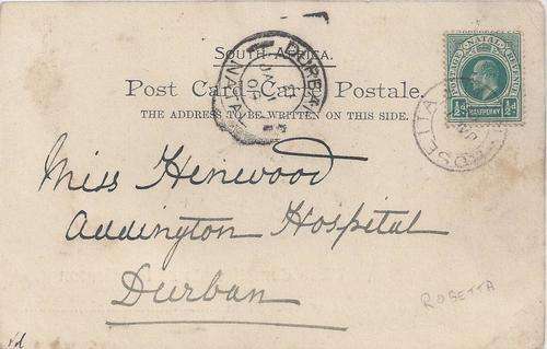 Natal 1909 ppcard with KEVII half d with Rosetta cds to Durban, fine