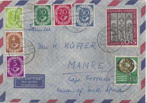 Germany West 1951 multiple franking cover with better values from Stuttgart to Mamre SA