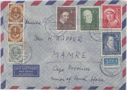 Germany West 1951  cover with better values from Stuttgart to Mamre SA