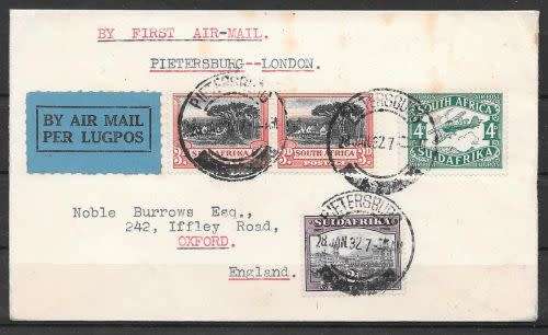 South Africa 1932 1st flight cover Pietersburg to London then Oxford, very fine