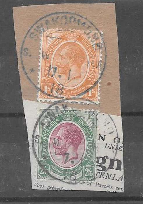 South West Africa  WWI SA Occupation KGV 1s and 2s6d on piece with Swakopmund cds