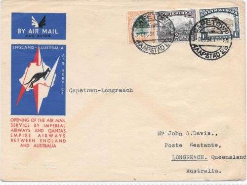 South Africa 1934 3 Dec 1st Flight cover from Cape Town to Longreach Australia fine and scarce