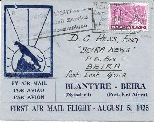 Nyasaland 1935 2 Aug First Flight cover Blantyre to Beira very fine
