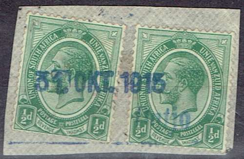 South West Africa - WWI South Africa Occupation KGV 1/2d x2 with Outjo provisional cancel in blue