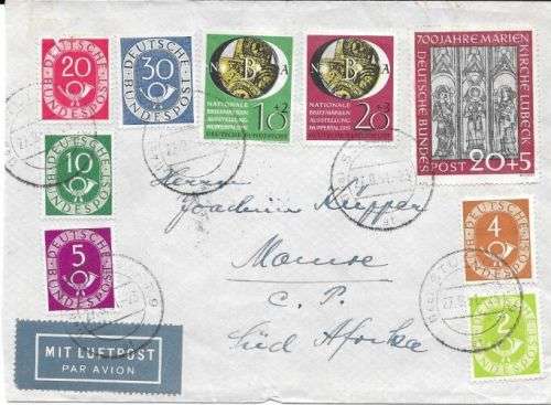 Germany West 1951 Posthorn NBA and Marienkirche multiple franking cover to SA very fine