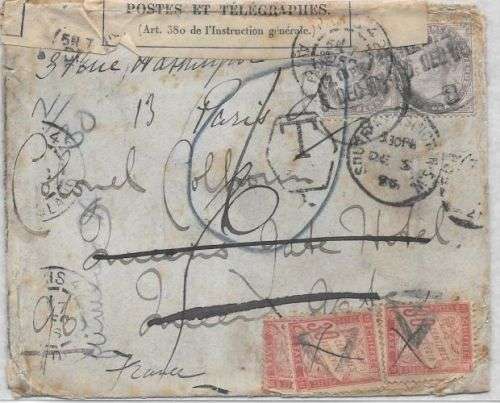 Great Britain 1896 QV to London then redressed to France returned 3 times each with 30c due