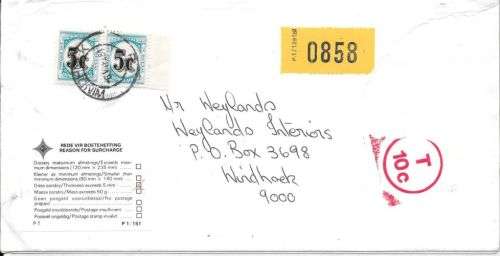 South West Africa 1984 incoming cover with stamps removed and 5c postage dues x2