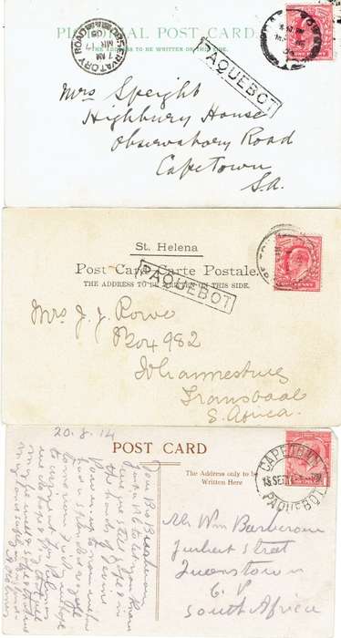 South Africa 1905/14 2x St Helena and 1x Ascension incoming with Cape Town Paquebots pmks very fine
