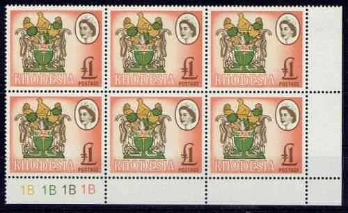 Rhodesia 1966 Mardon Trial £1 1B plate block of 6 very fine unmounted mint