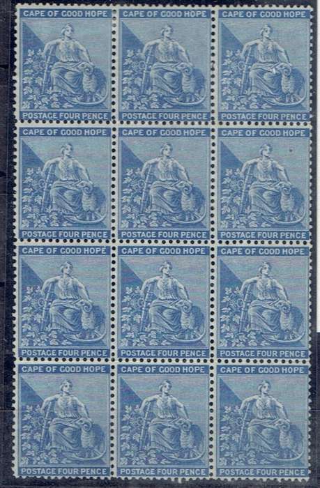 Cape of Good Hope 1871 4d ultramarine block of 12 very fine mint, 9 are unmounted mint with BPA cert