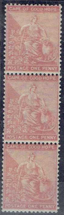 Cape of Good Hope 1864 1d pale rose red strip of 3 very fine mint, centre stamp unmounted