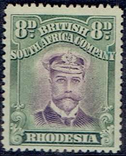 Rhodesia BSAC 1913 KGV Admiral Die II perf 15 8d violet and green with plate flaws fine mint