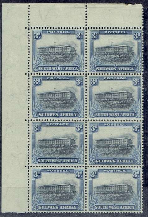 South West Africa 1931 Pictorial 3d corner block of 8 with plate flaw extend flag pole