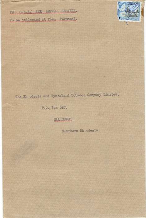Rhodesia and Nyasaland 1959 CAA cover with QEII 3d pen cancelled and CAA 6d label