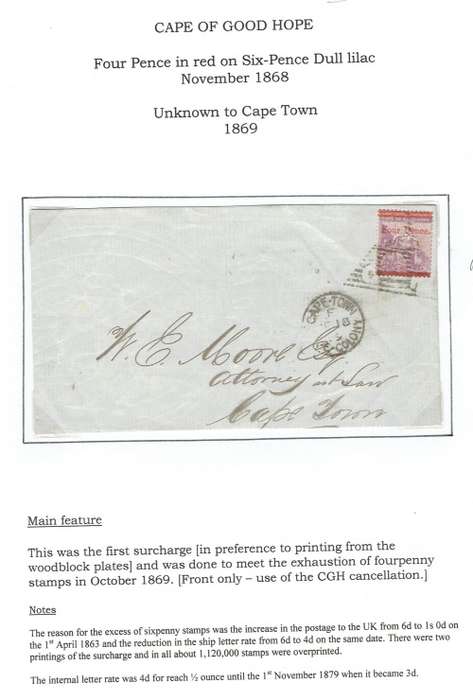 Cape of Good Hope 1870 4d on 6d on front to Cape Town fine