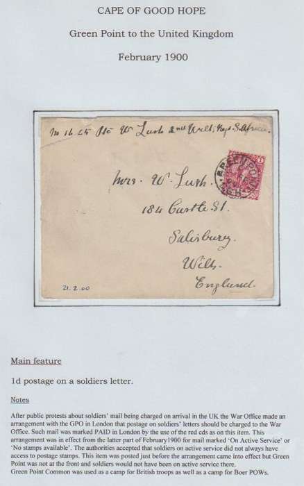 Anglo Boer War 1900 Green Point 1d soldiers letter rate to UK
