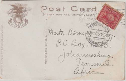 Transvaal 1907 Incoming USA postcard with Transvaal TPO European Mail canceller, very fine