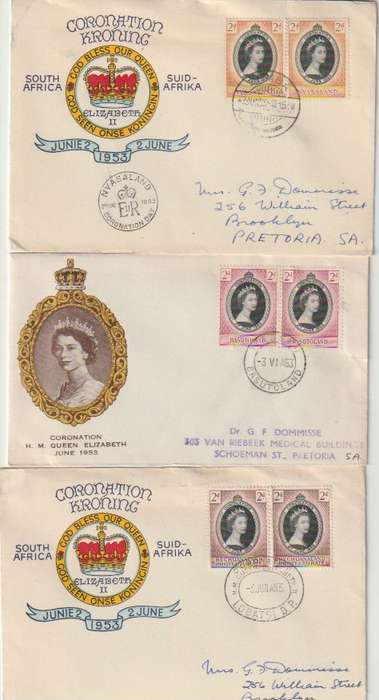 Southern Africa QEII 1953 Coronation pairs on first day covers x6 very fine