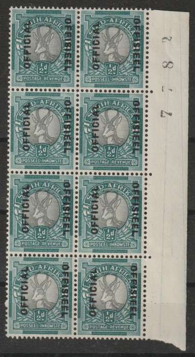 South Africa Official 1944 1/2d reading up and down sheet number block of 8