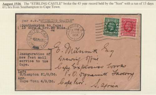 South Africa 1936 London to SA on Stirling Castle on record breaking time