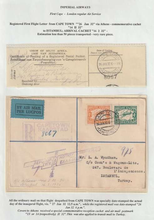 South Africa 1932 1st flight cover Cape Town to Istanbul, Turkey with special Greek cachet