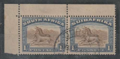 South Africa 1927 London 1s perf 14 a 13 1/2 up corner pair fine used