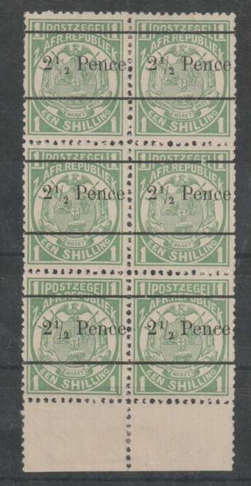 Transvaal 1893 2 1/2d on 1s block of 6 with 12.5mm and 13.5mm printings fine mint