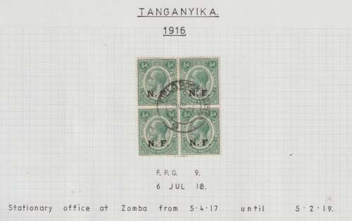 Tanganyika Nyasaland Rhodesia Force 1916 1/2d block of 4 with FPO 9 cancel very fine used