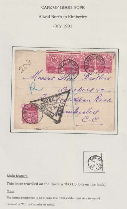 Anglo Boer War 1901 COGH 1d x5 on Aliwal North to Kimberly with Eastern TPO UP cancel