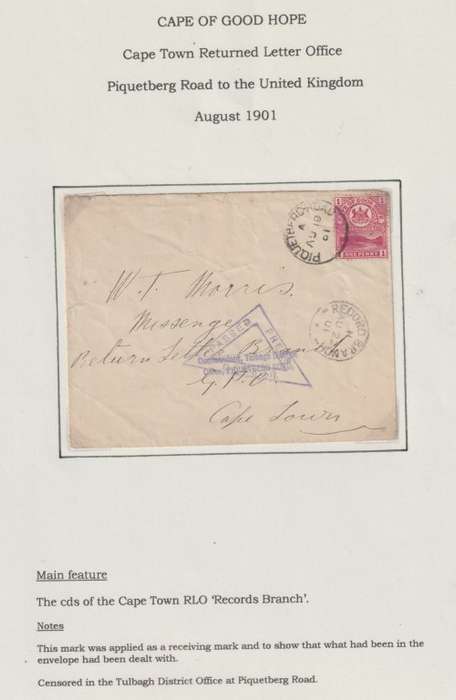 Anglo Boer War 1901 COGH 1d on Piquetberg Road censored cover to Cape Town