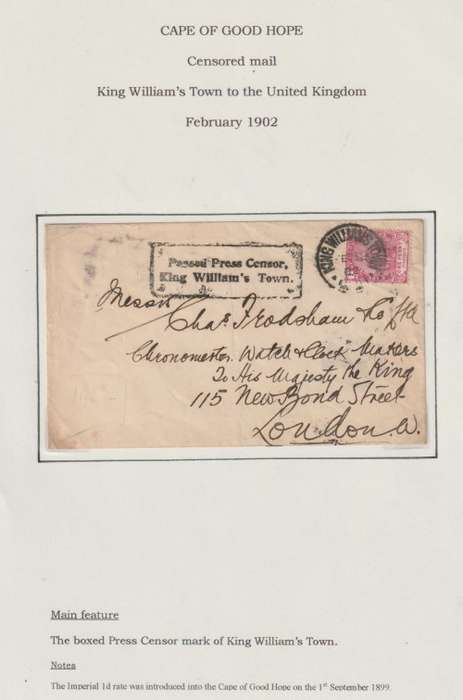 Anglo Boer War 1902 COGH 1d King Williams Town boxed censored cover to UK