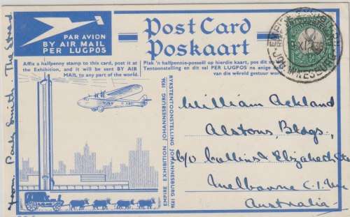 South Africa 1936 Jipex exhibition card addressed to Australia