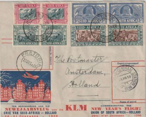 South Africa 1938 Voortrekker special Airmail cover with 2 sets East London to Netherlands