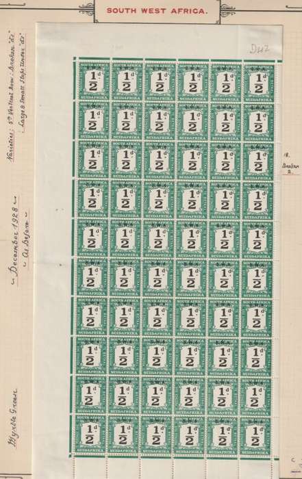 South West Africa postage Due 1928 1/2d  pane of 60 with blunt 2 fine unmounted mint