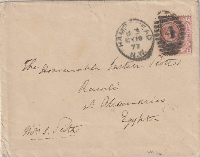 Great Britain 1877 QV 2 1/2d rosy-mauve plate 6 on Hampstead cover to Alexandria Egypt fine